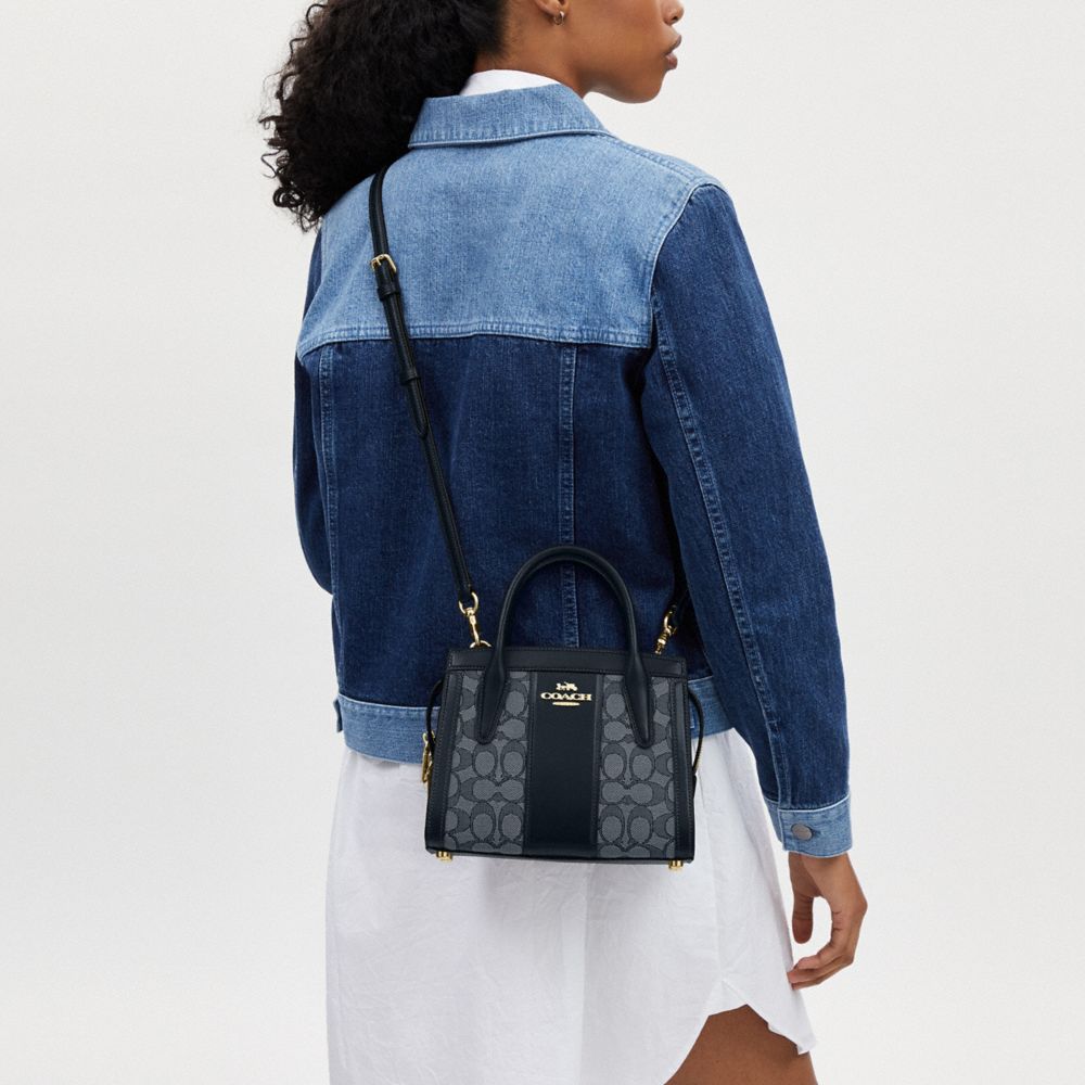 COACH®,Andrea Carryall Bag In Signature Jacquard,Calfskin Leather,Cotton,Crossbody,Color Block,Mixed Media,Casual,Blue,Detail View