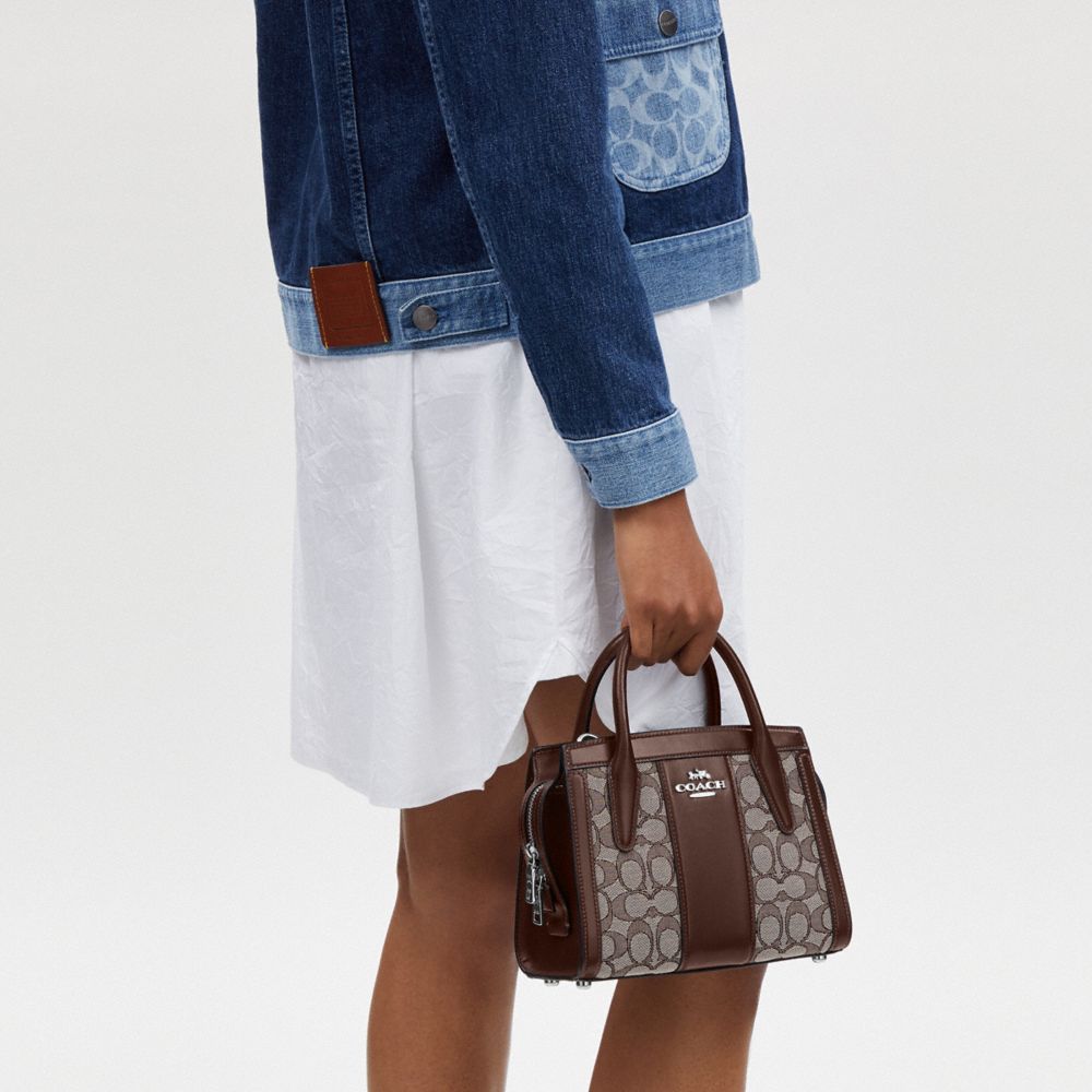 COACH®,Andrea Carryall Bag In Signature Jacquard,Calfskin Leather,Cotton,Crossbody,Color Block,Mixed Media,Casual,Brown,Detail View