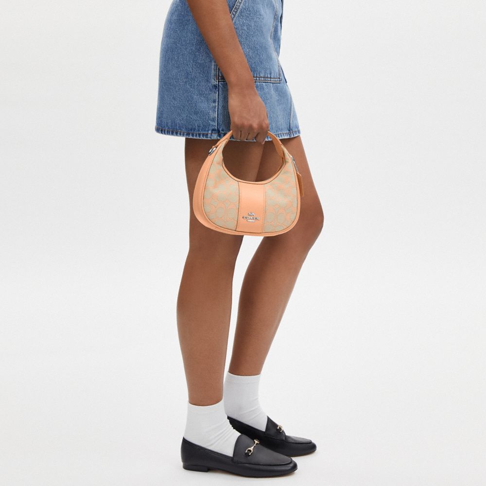 COACH®,Carmen Mini Crossbody In Signature Jacquard,Cotton,Leather,Crossbody,Mixed Media,Color Block,Chain Detail,Silver Me...,Orange,Detail View