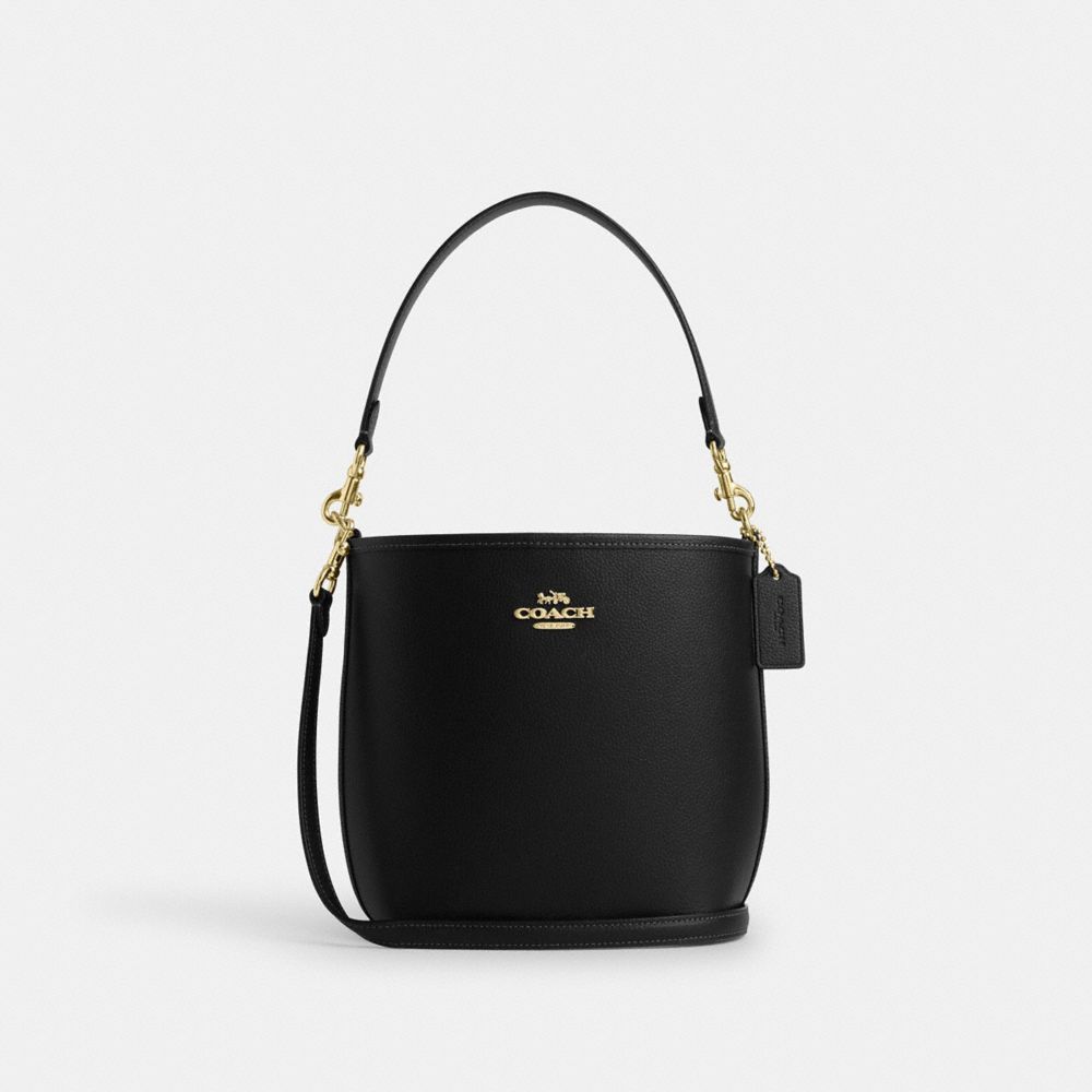 COACH®,CITY BUCKET BAG,Pebbled Leather,Medium,Gold/Black,Front View