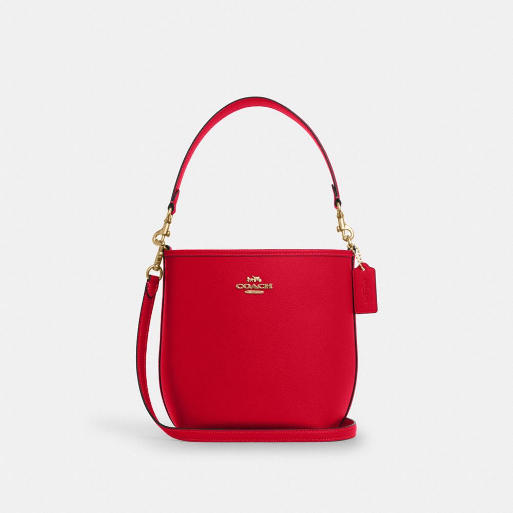 COACH®,City Bucket Bag,Lining Lining Fabric Content,Leather,Crossbody,Metal,Logo,Casual,Red,Front View