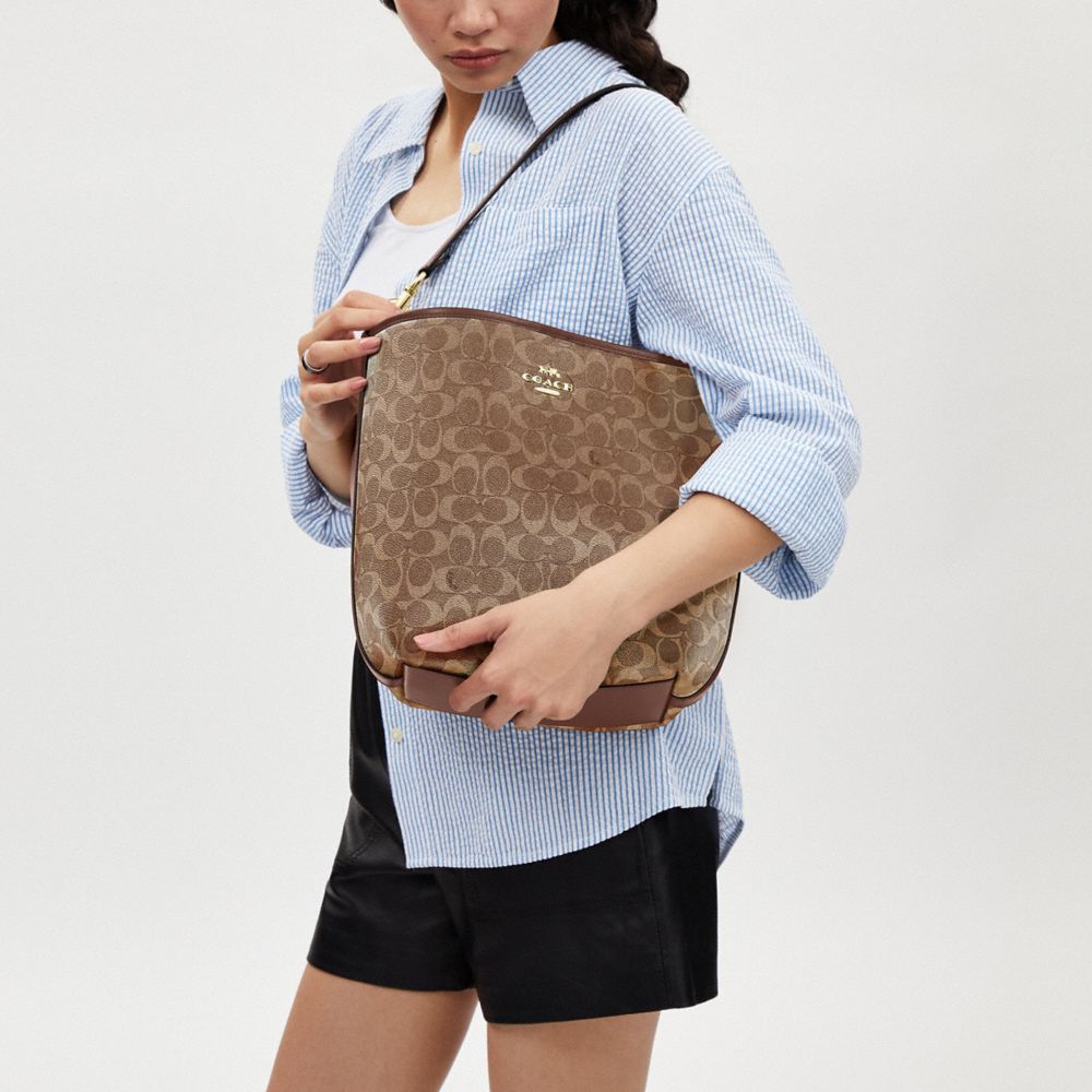 COACH®,City Large Bucket Bag In Signature Canvas,Bucket,Piping,Casual,Brown,Detail View