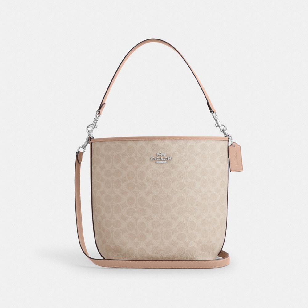 COACH®,GRAND SAC SEAU CITY EN TOILE SIGNATURE,Toile exclusive,Argenté/Sable/Taupe,Front View