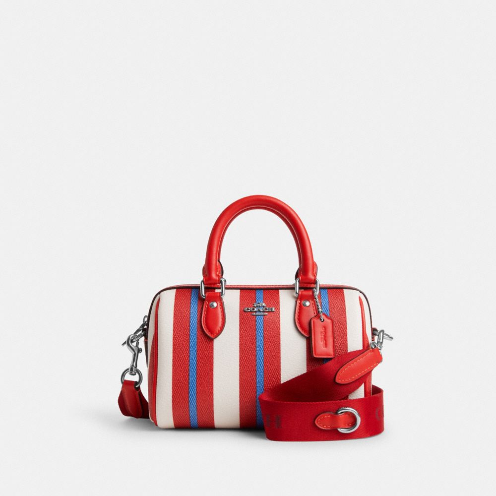 COACH®,MINI ROWAN CROSSBODY WITH STRIPE PRINT,Novelty Print,Small,Silver/Chalk Multi,Front View