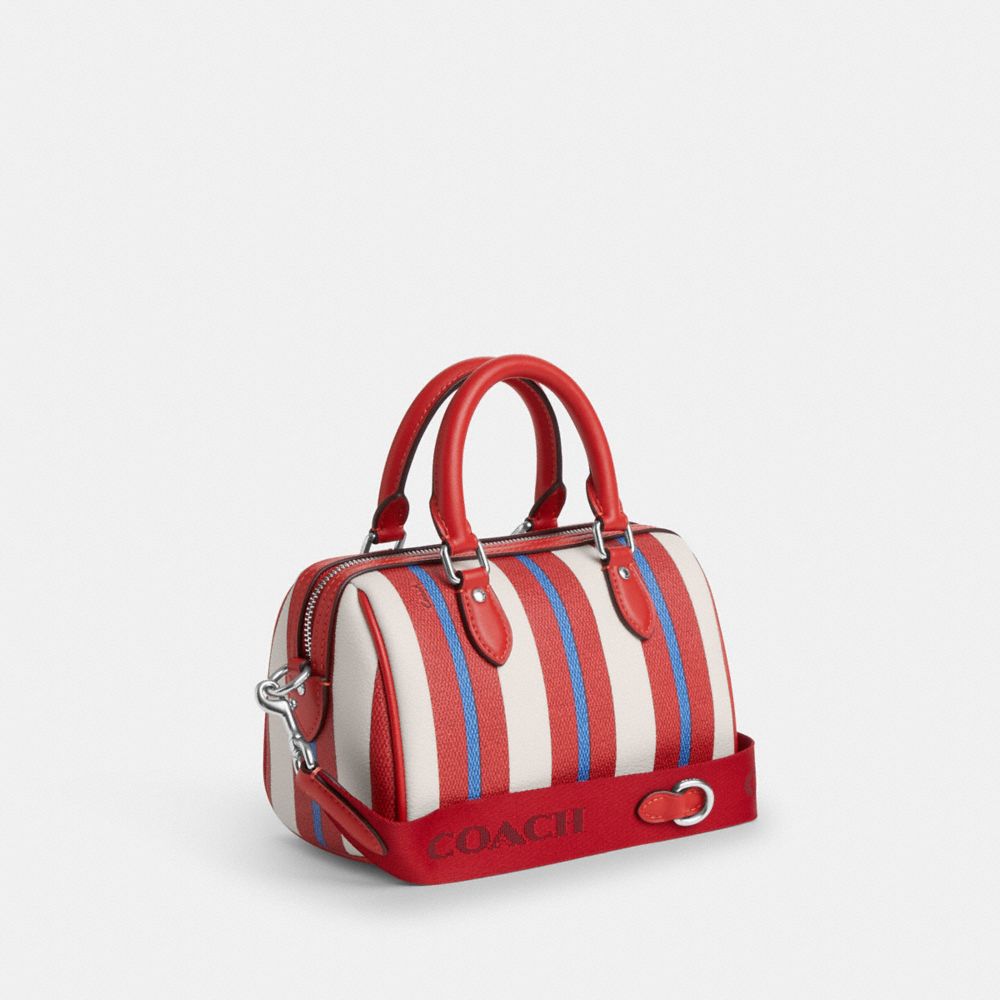 COACH®,MINI ROWAN CROSSBODY WITH STRIPE PRINT,Novelty Print,Small,Silver/Chalk Multi,Angle View