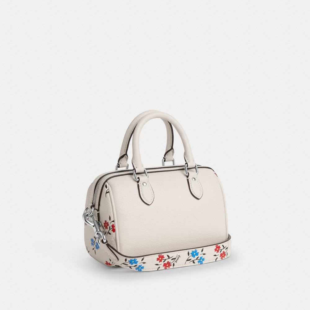 COACH®,MINI ROWAN CROSSBODY WITH FLORAL PRINT,Novelty Leather,Silver/Chalk Multi,Angle View