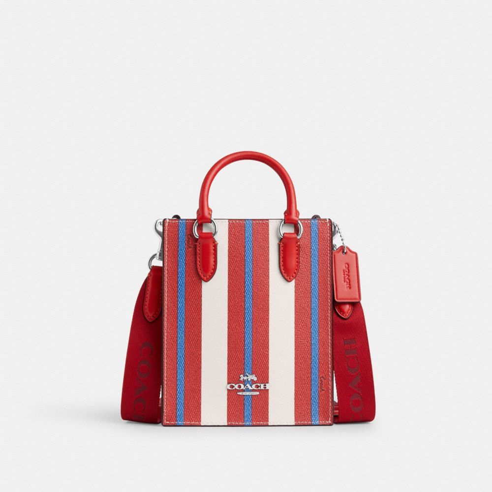 COACH®,NORTH SOUTH MINI TOTE WITH STRIPE PRINT,Novelty Print,Silver/Chalk Multi,Front View