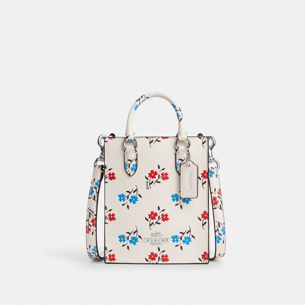 COACH®,NORTH SOUTH MINI TOTE WITH FLORAL PRINT,Novelty Leather,Silver/Chalk Multi,Front View
