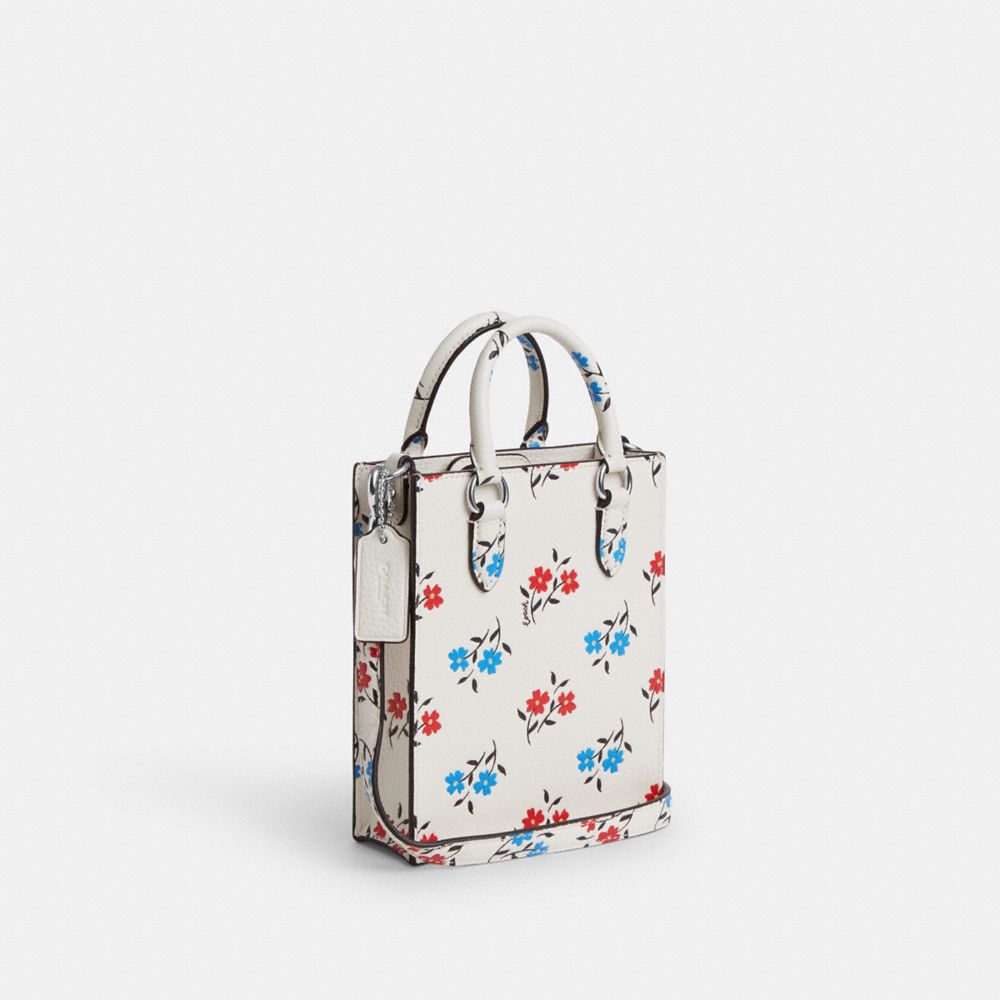 COACH®,NORTH SOUTH MINI TOTE WITH FLORAL PRINT,Novelty Leather,Silver/Chalk Multi,Angle View