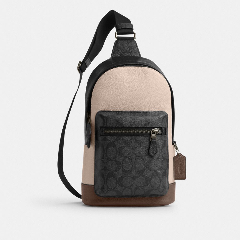 COACH®,WEST PACK IN COLORBLOCK SIGNATURE CANVAS,Signature Canvas,Medium,Qb/Steam/Charcoal/Dark Stone,Front View image number 0