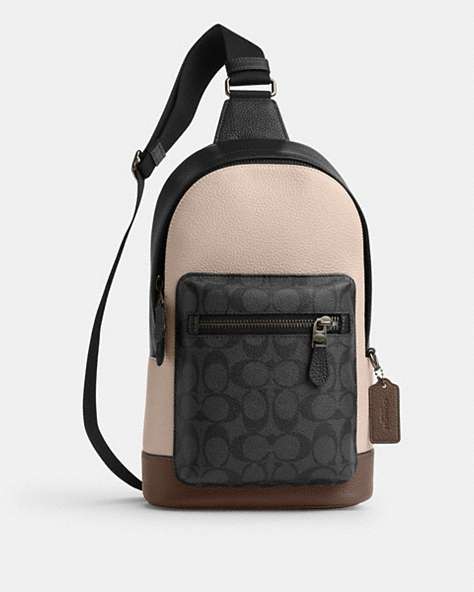 COACH®,WEST PACK IN COLORBLOCK SIGNATURE CANVAS,mixedmaterial,Medium,Qb/Steam/Charcoal/Dark Stone,Front View