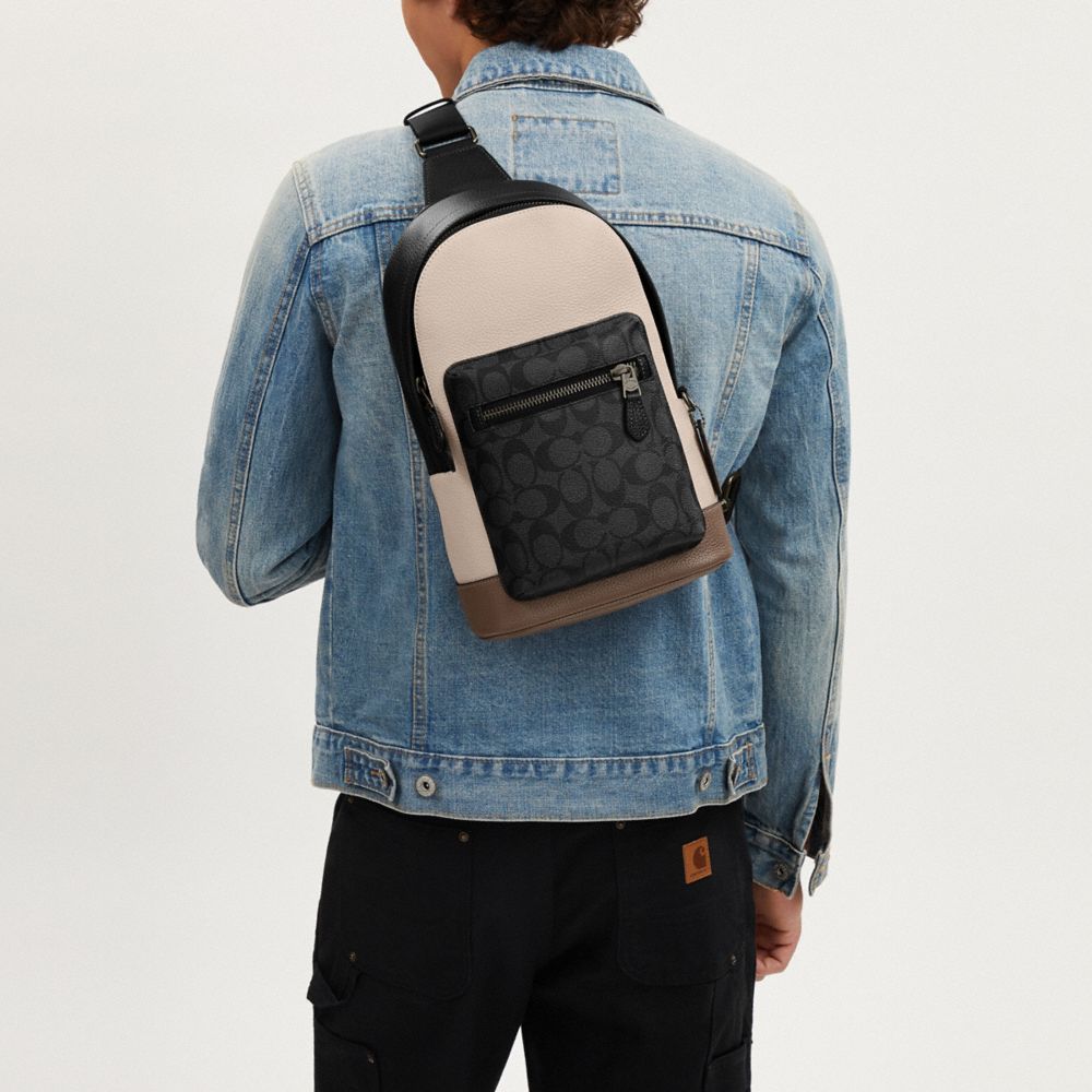COACH®,West Pack In Colorblock Signature Canvas,Leather,Canvas,Slingback,Embossed,Logo,Color Block,Casual,Multi Color,Detail View