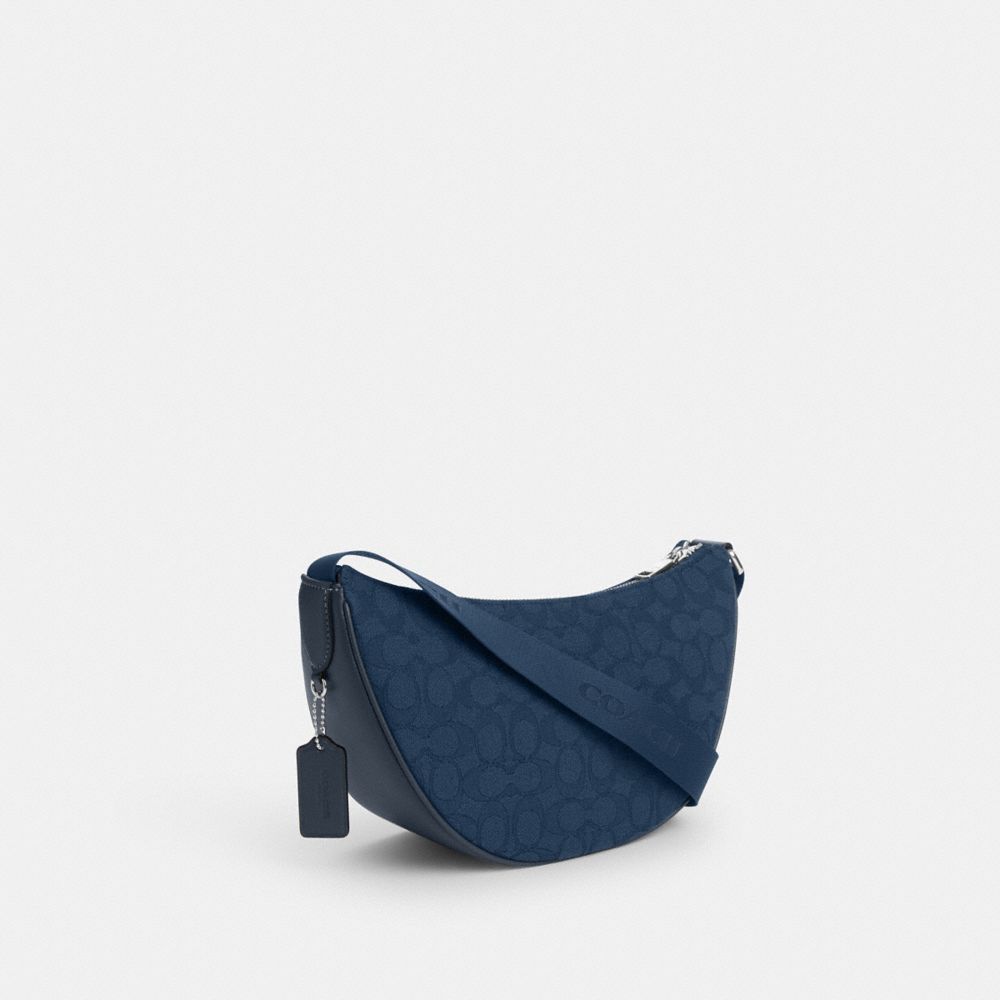 COACH®,Pace Shoulder Bag In Signature Jacquard,Calfskin Leather,Cotton,Leather,Shoulder Bag,Logo,Metal,Casual,Navy,Angle View