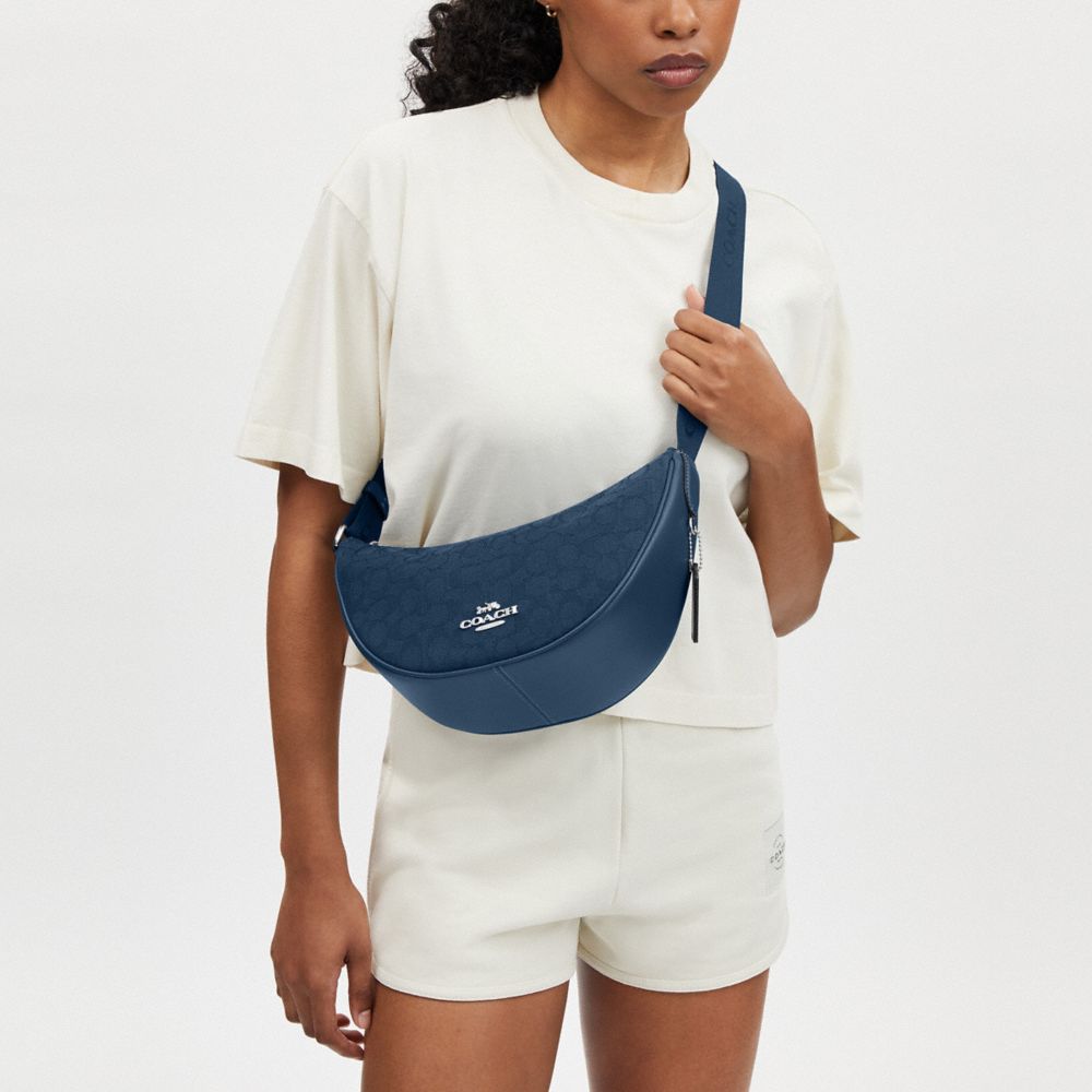 COACH®,Pace Shoulder Bag In Signature Jacquard,Calfskin Leather,Cotton,Leather,Shoulder Bag,Logo,Metal,Casual,Navy,Detail View