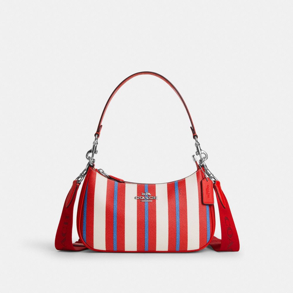 COACH®,TERI SHOULDER BAG WITH STRIPE PRINT,Novelty Print,Medium,Silver/Chalk Multi,Front View