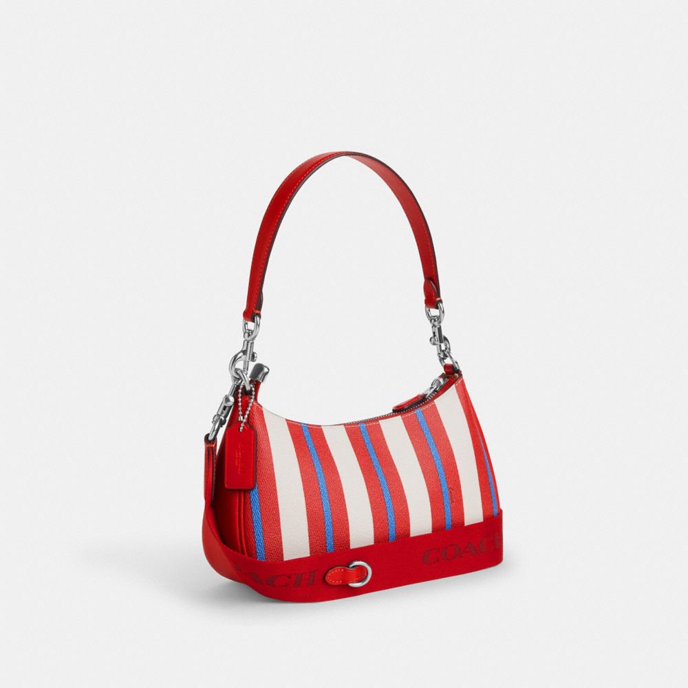 COACH®,Teri Shoulder Bag With Stripe Print,Leather,Shoulder Bag,Metal,Embossed,Logo,Casual,Red,Angle View