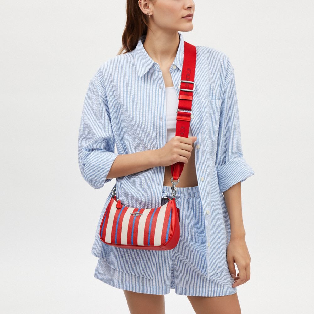 COACH®,Teri Shoulder Bag With Stripe Print,Leather,Shoulder Bag,Metal,Embossed,Logo,Casual,Red,Detail View