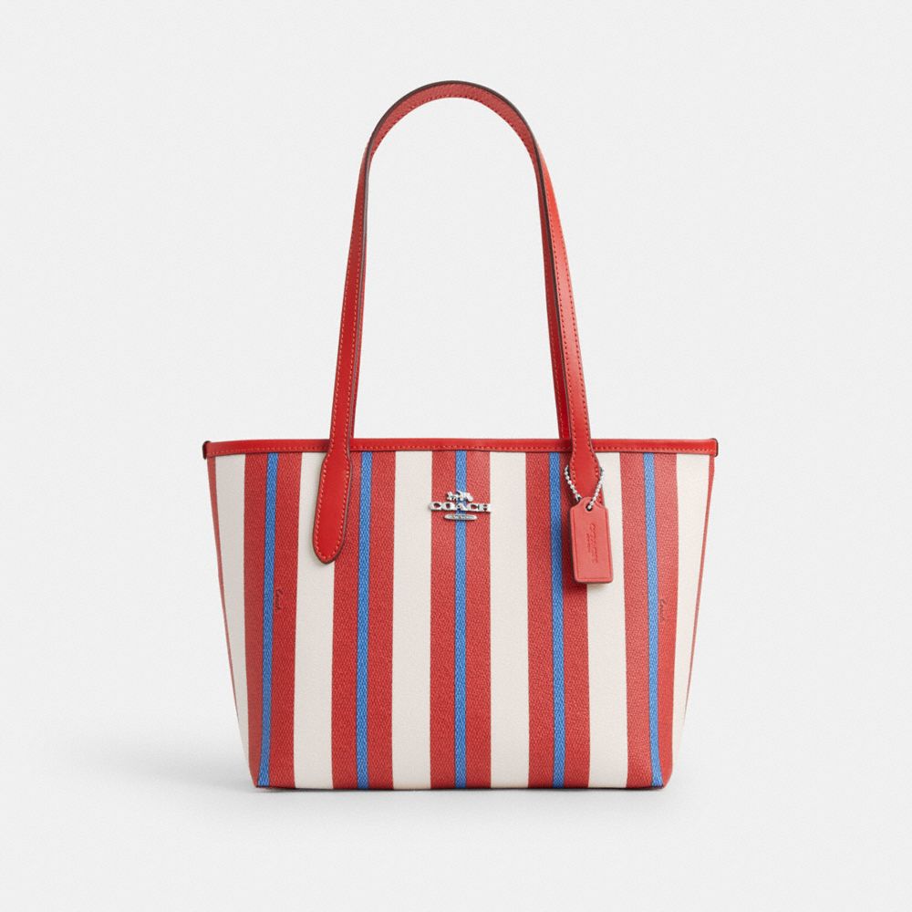 COACH®,SMALL CITY TOTE WITH STRIPE PRINT,Novelty Print,Medium,Silver/Chalk Multi,Front View