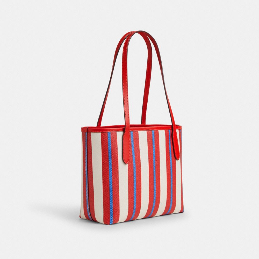 COACH®,SMALL CITY TOTE WITH STRIPE PRINT,Novelty Print,Medium,Silver/Chalk Multi,Angle View