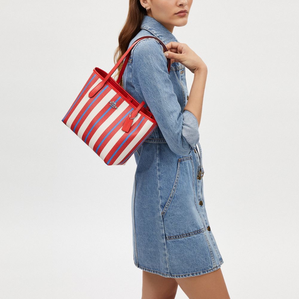 COACH®,Small City Tote With Stripe Print,Red,Detail View