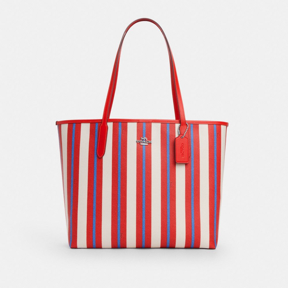 COACH®,CITY TOTE BAG WITH STRIPE PRINT,Novelty Print,X-Large,Silver/Chalk Multi,Front View