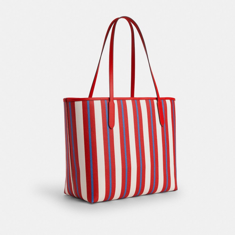 COACH®,CITY TOTE BAG WITH STRIPE PRINT,Novelty Print,X-Large,Silver/Chalk Multi,Angle View
