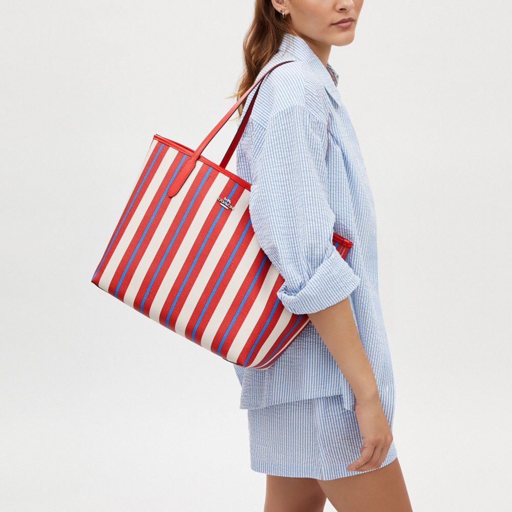 COACH®,City Tote Bag With Stripe Print,Red,Detail View