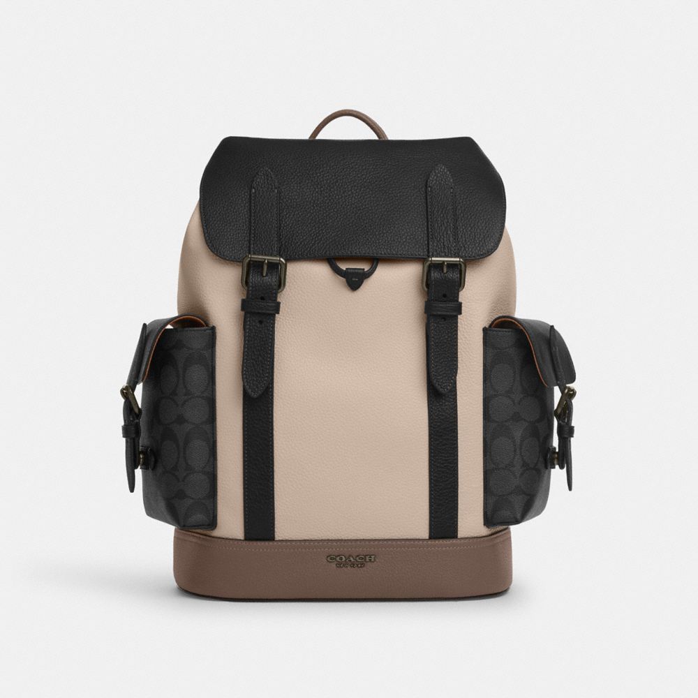 COACH®,HUDSON BACKPACK IN COLORBLOCK WITH SIGNATURE CANVAS,Signature Canvas,X-Large,Qb/Steam/Charcoal/Dark Stone,Front View image number 0