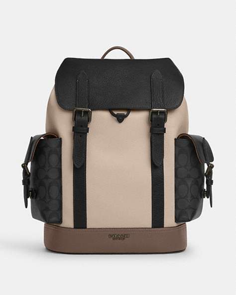 COACH®,HUDSON BACKPACK IN COLORBLOCK WITH SIGNATURE CANVAS,pvc,X-Large,Qb/Steam/Charcoal/Dark Stone,Front View