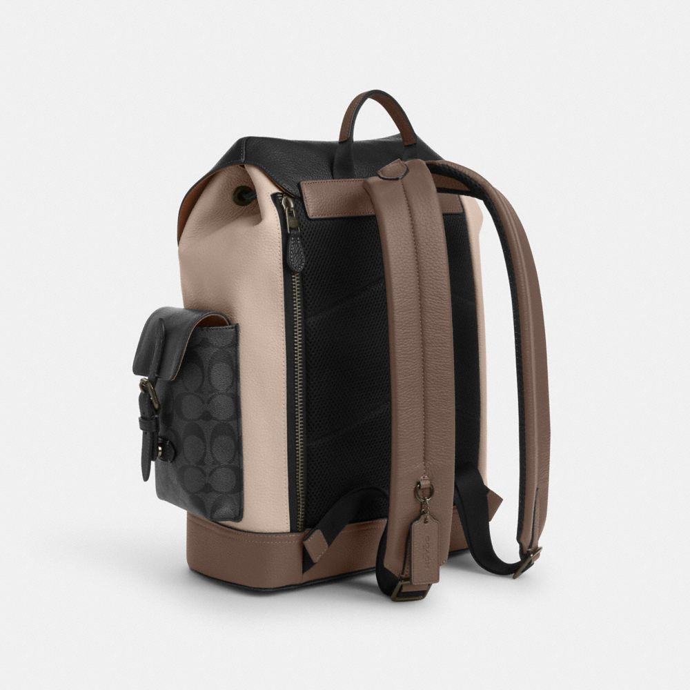 COACH®,HUDSON BACKPACK IN COLORBLOCK WITH SIGNATURE CANVAS,Signature Canvas,X-Large,Qb/Steam/Charcoal/Dark Stone,Angle View