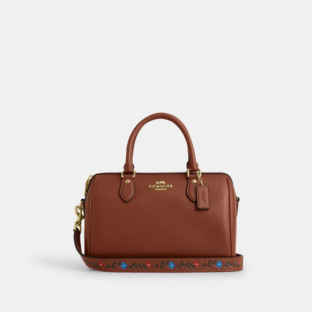 COACH®,ROWAN SATCHEL BAG WITH TOOLING,Medium,Gold/Redwood Multi,Front View