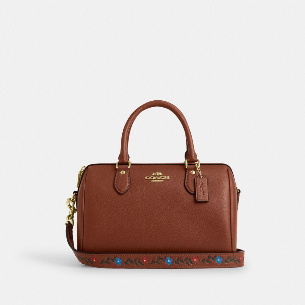 COACH®,ROWAN SATCHEL BAG WITH TOOLING,Medium,Gold/Redwood Multi,Front View