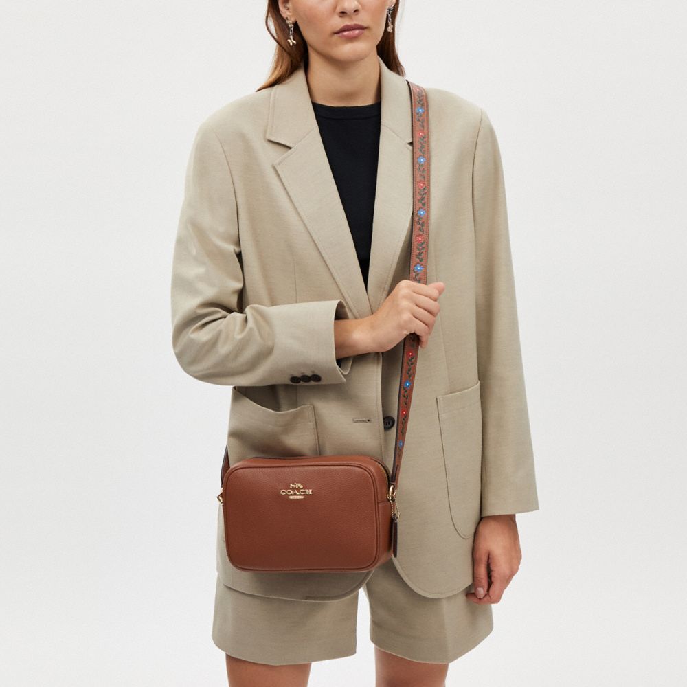 COACH®,Jamie Camera Bag With Tooling,Leather,Camera Bag,Metal,Pattern,Embossed,Logo,Casual,Brown,Detail View