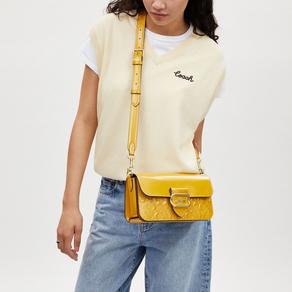 COACH®,Morgan Shoulder Bag In Signature Leather,Shoulder Bag,Pen Holder,Day Party,Mustard,Detail View