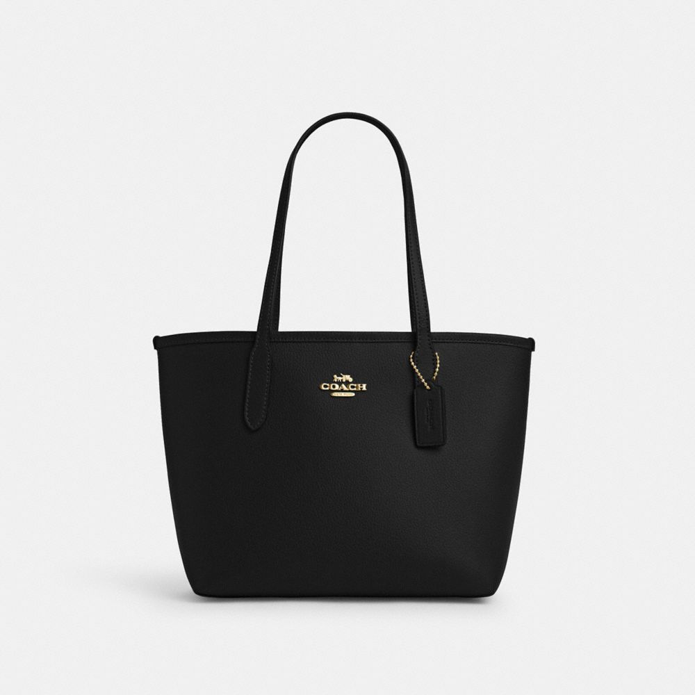 COACH®,SMALL CITY TOTE,Pebbled Leather,Medium,Gold/Black,Front View