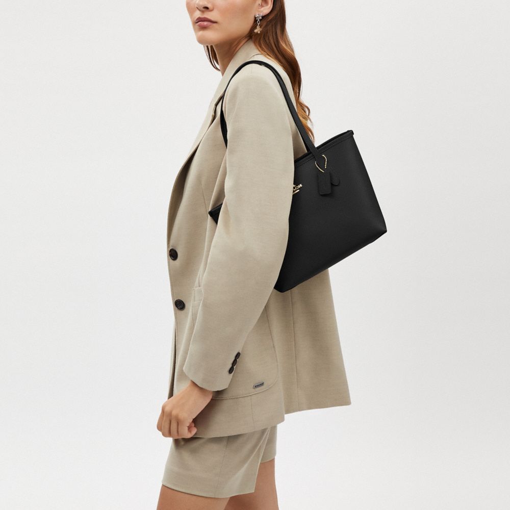 COACH®,Small City Tote Bag,Leather,Tote,Logo,Metal,Embossed,Casual,Black,Detail View