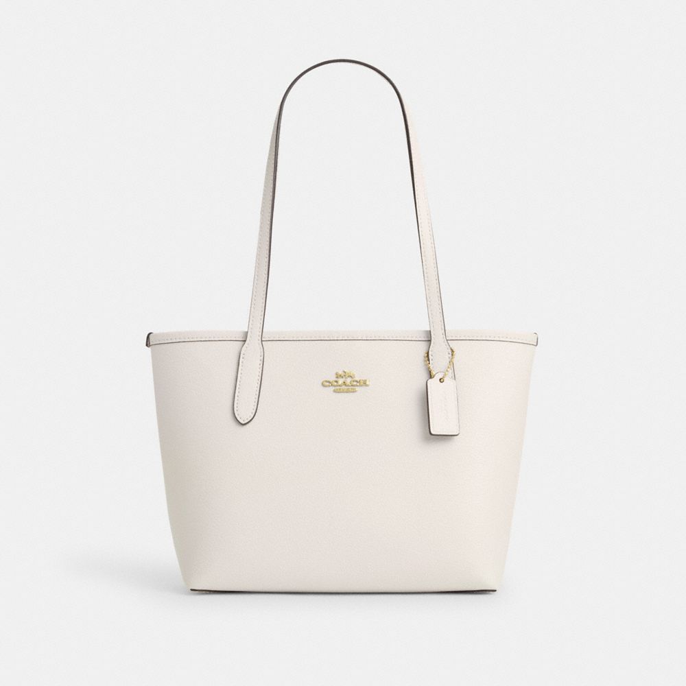 COACH®,SMALL CITY TOTE,Pebbled Leather,Medium,Gold/Chalk,Front View