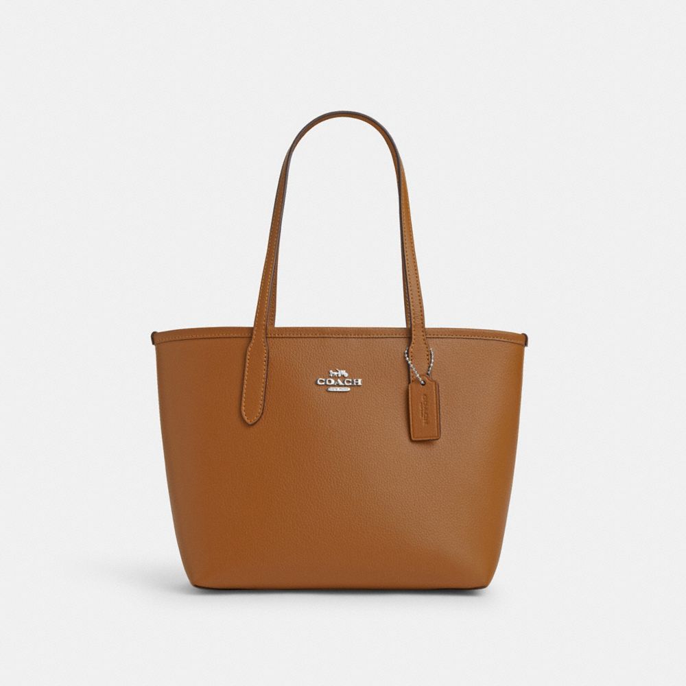 COACH®,SMALL CITY TOTE,Pebbled Leather,Medium,Silver/Light Saddle,Front View
