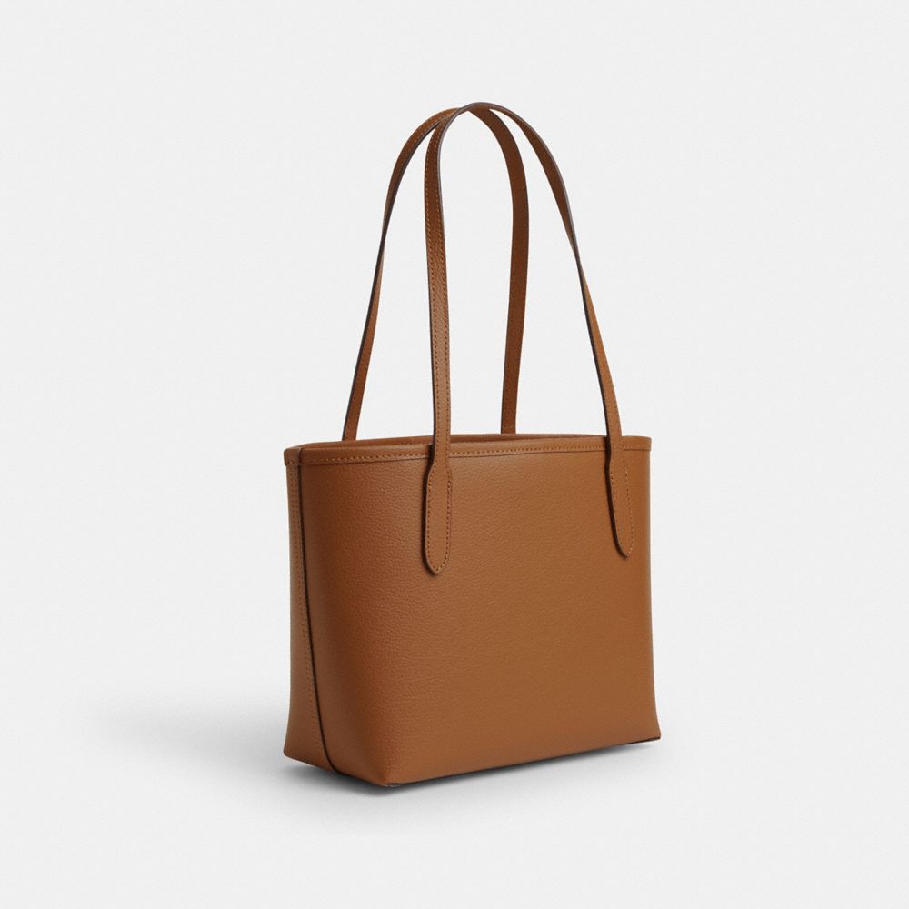 COACH®,Small City Tote Bag,Leather,Tote,Logo,Metal,Embossed,Casual,Brown,Angle View