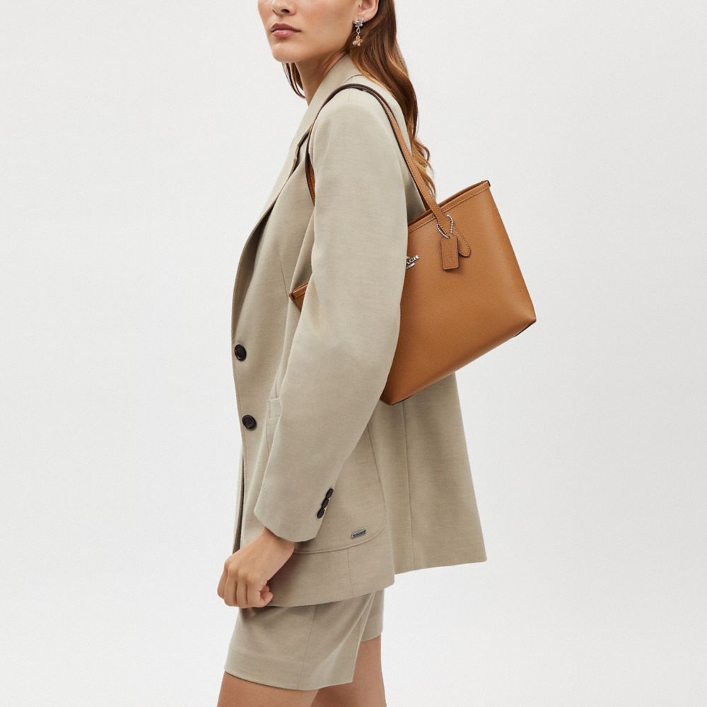 COACH®,Small City Tote Bag,Leather,Tote,Logo,Metal,Embossed,Casual,Brown,Detail View