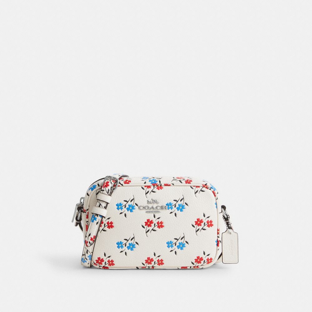 COACH®,MINI SAC POUR APPAREIL PHOTO JAMIE AVEC IMPRIMÉ FLORAL,Cuir,Argent/Craie multi,Front View