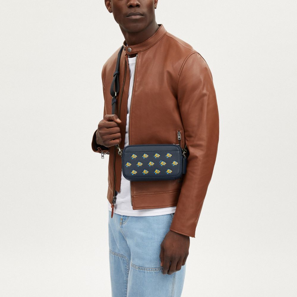 COACH®,Jayden Crossbody With Fish Print,Leather,Crossbody,Logo,Embossed,Casual,Navy,Detail View