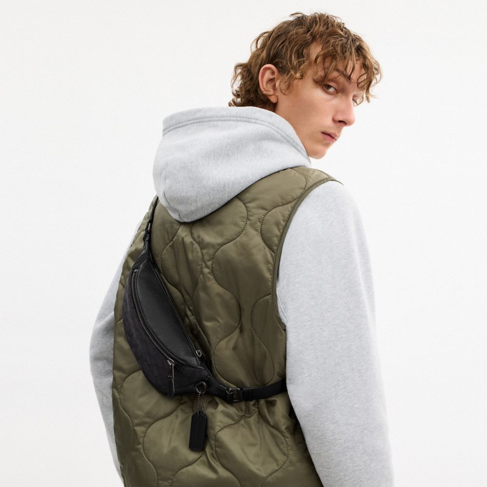 COACH®,Warren Mini Belt Bag In Signature Jacquard,Recycled Polyester,Leather,Cotton,Belt Bag,Color Block,Casual,Black,Detail View