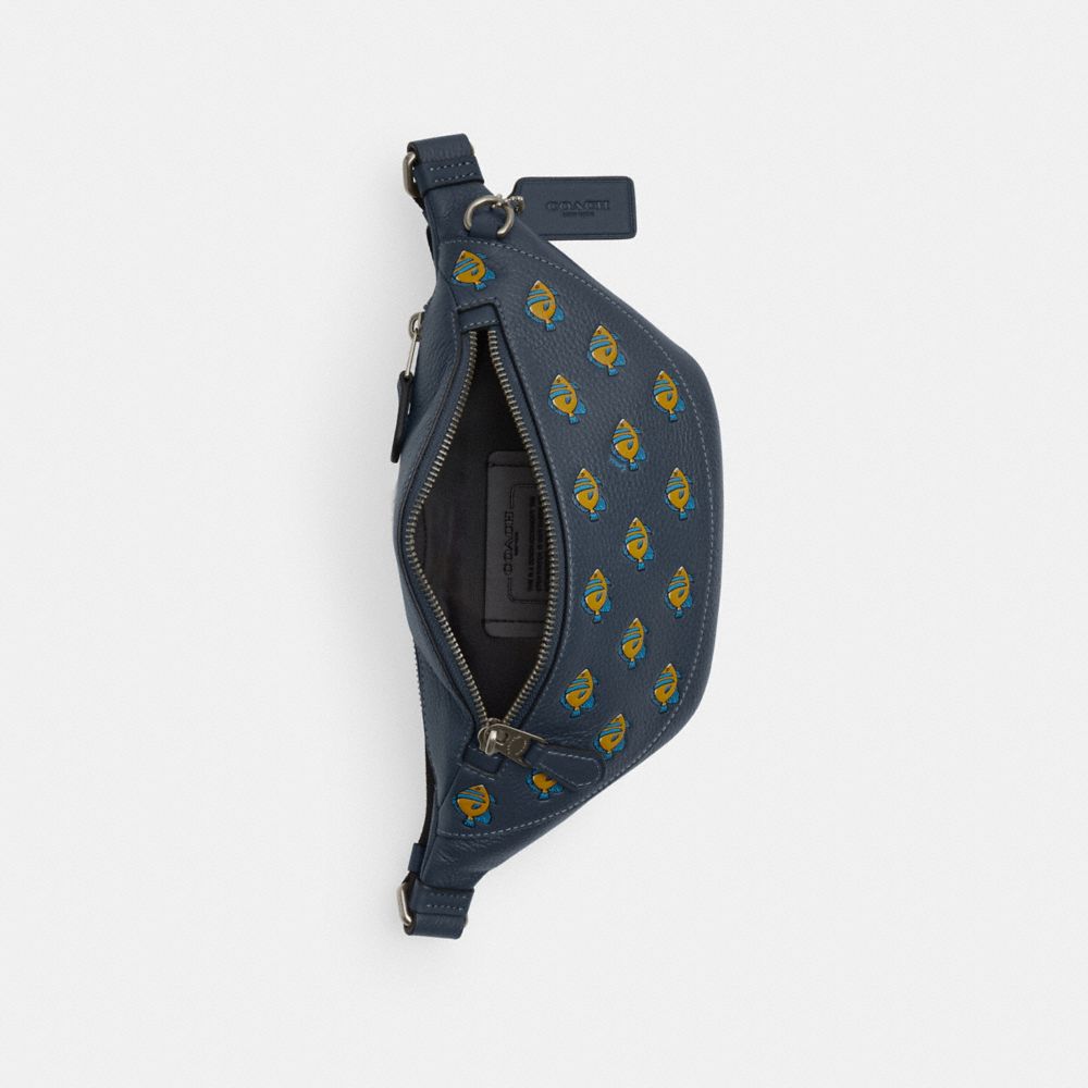 COACH®,Warren Mini Belt Bag With Fish Print,Leather,Belt Bag,Embossed,Logo,Casual,Navy,Inside View,Top View