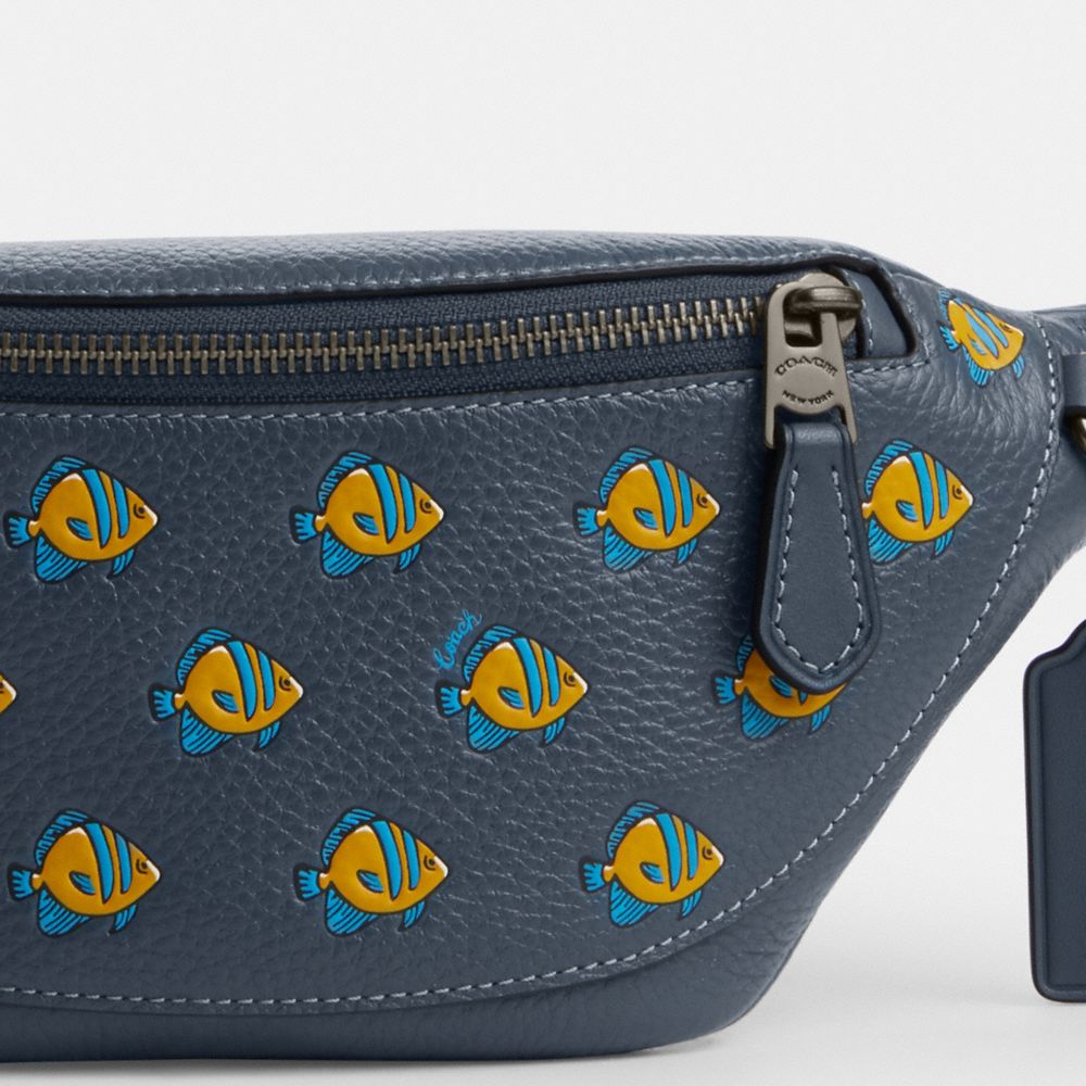 COACH®,Warren Mini Belt Bag With Fish Print,Leather,Belt Bag,Embossed,Logo,Casual,Navy