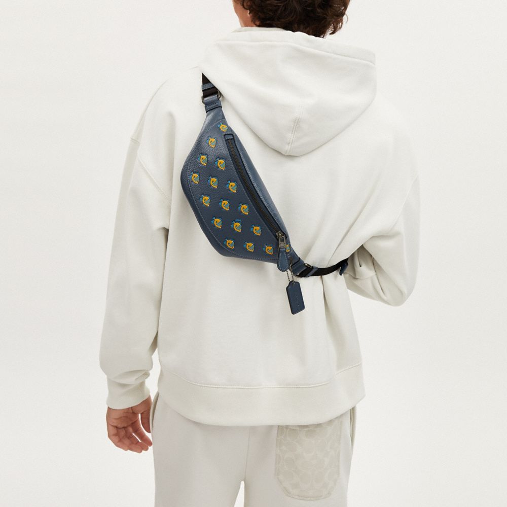 COACH®,Warren Mini Belt Bag With Fish Print,Leather,Belt Bag,Embossed,Logo,Casual,Navy,Detail View