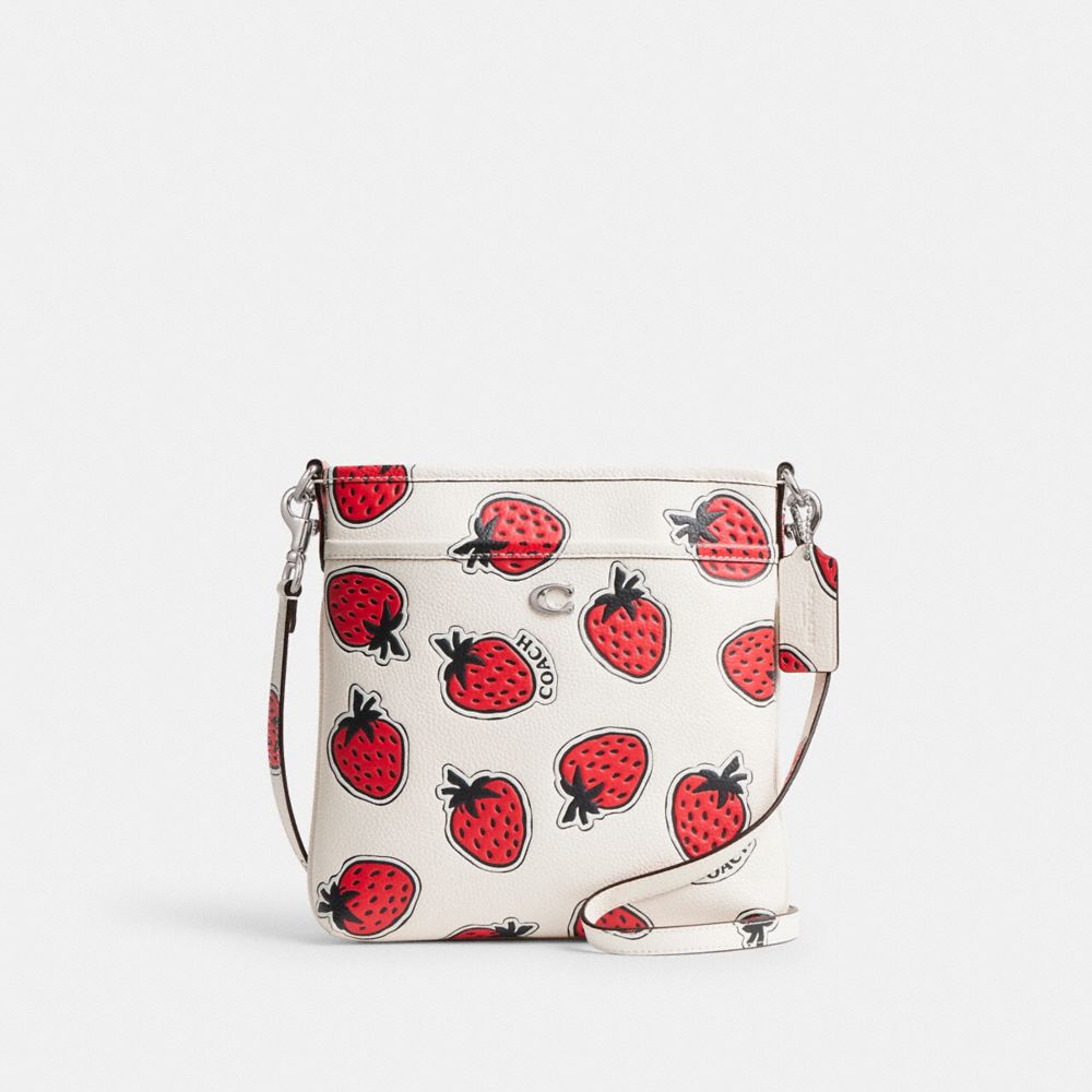 COACH®,KITT MESSENGER CROSSBODY BAG WITH STRAWBERRY PRINT,Polished Pebble Leather,Silver/Chalk Multi,Front View