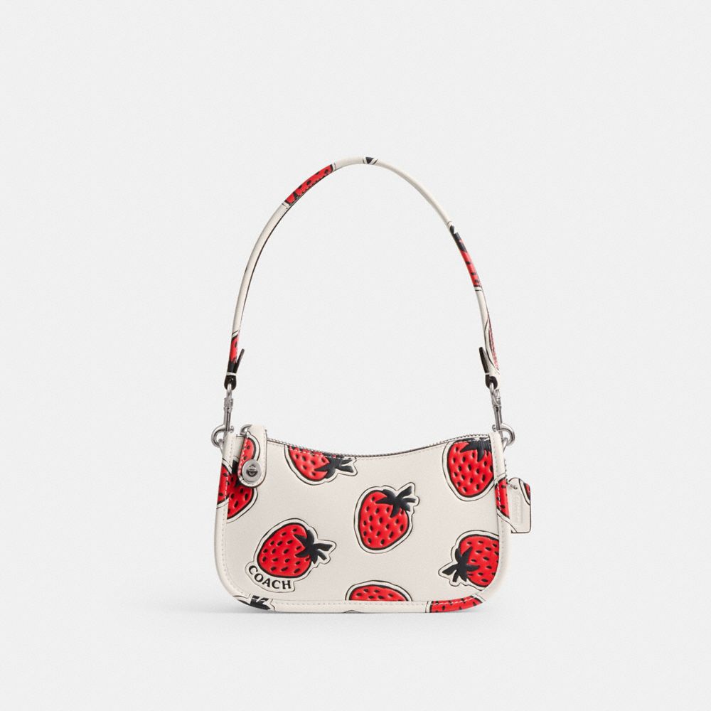 COACH®,SWINGER BAG 20 WITH STRAWBERRY PRINT,Glovetanned Leather,Silver/Chalk Multi,Front View