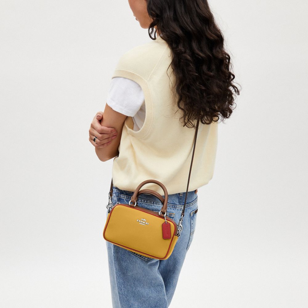 COACH®,Satchel Crossbody In Colorblock,Satchel,Logo,Metal,Embossed,Piping,Color Block,Casual,Work,Mustard,Detail View