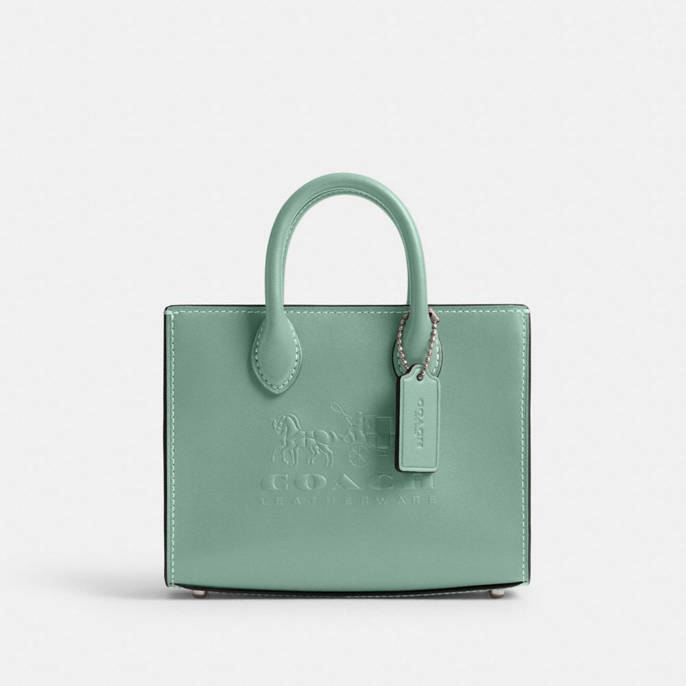 COACH®,ACE TOTE BAG 17,Calf Leather,Small,Silver/Aquamarine,Front View